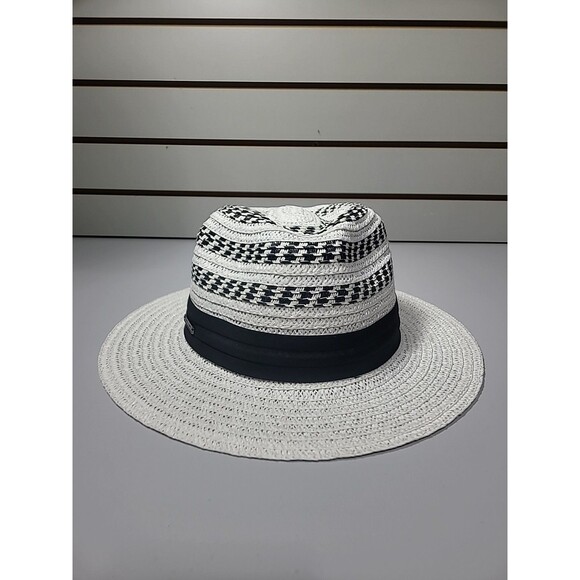 Vince Camuto Black And White Stripes Straw Fadora Hat Nwt - Picture 2 of 7